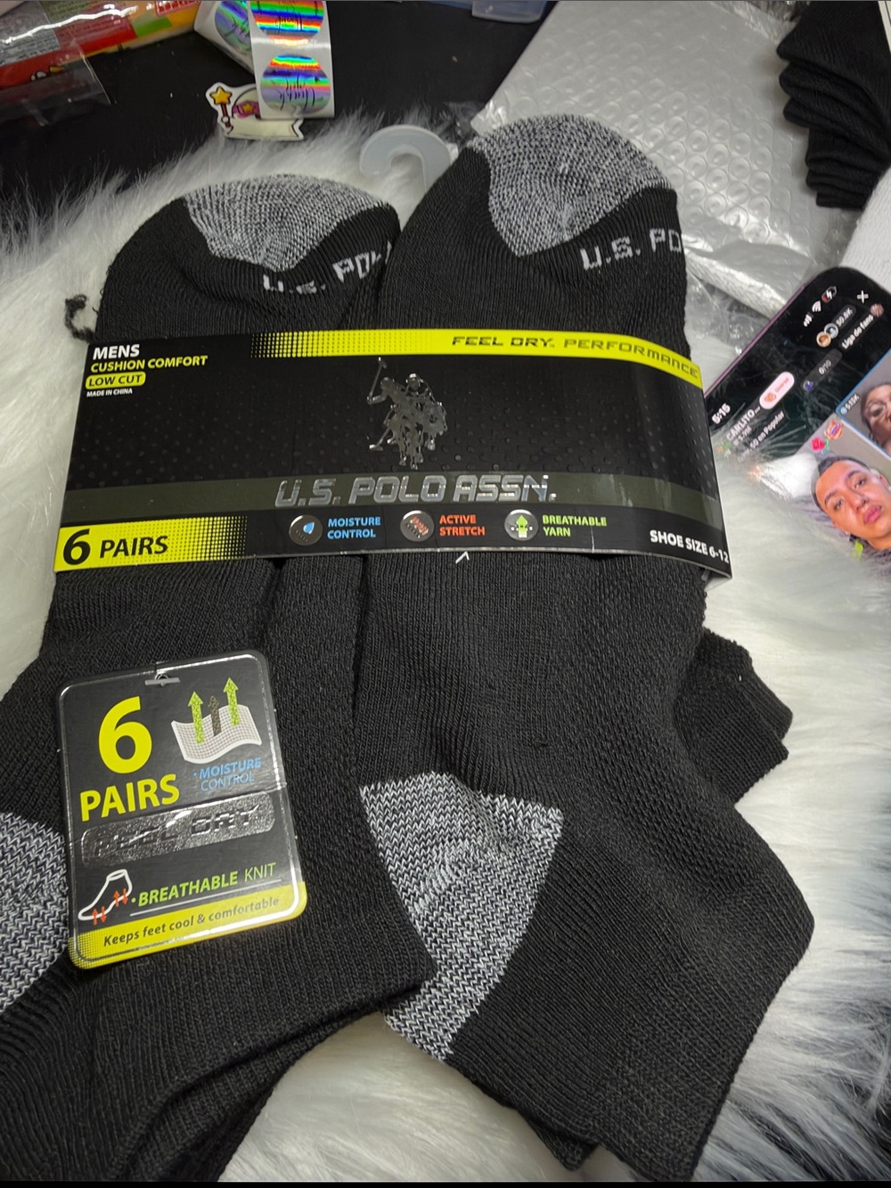 U.S. Polo Assn. Black Low-Cut Athletic Socks with Gray Heel & Toe - 6 Pairs